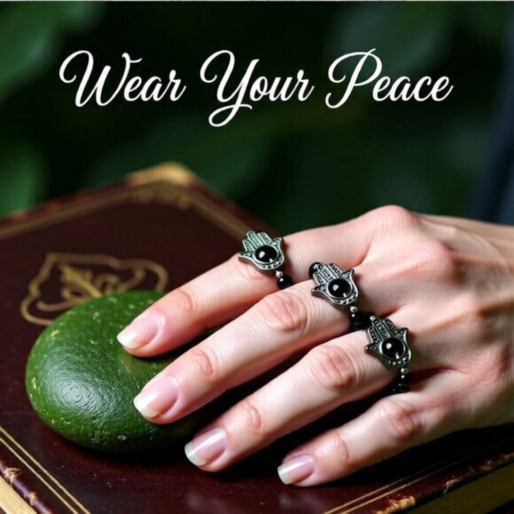 $10 Radical Drop! Hamsa Hand + Black Stone Beaded Ring! Protections + Blessings!